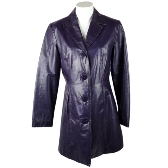Danier Jackets & Blazers - Vintage Danier Leather Button Front Trench Coat Dark Purple Size 6 Whimsigoth